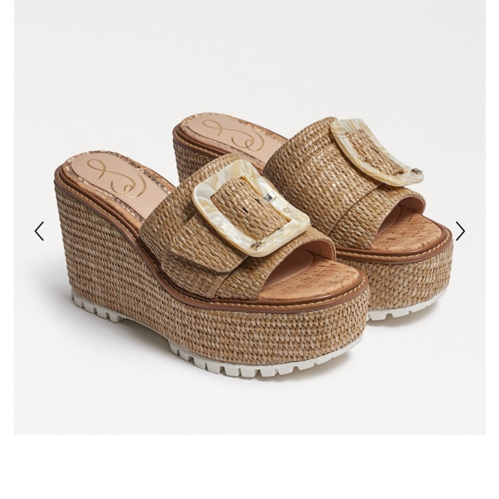 SAM EDELMAN Women's Livi Buckle Wedge Sandals Dark Natural Raffia Sz 9.5